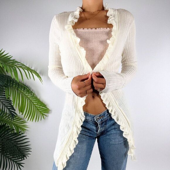 Vintage Cream Cottagecore Soft Girl Knit Coquette Ruffle Open Cardigan / S - Picture 3 of 6